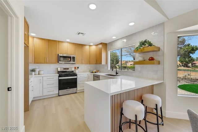 kitchen with visible vents, a sink, stainless steel appliances, a peninsula, and light countertops