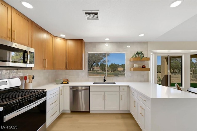 kitchen featuring visible vents, a sink, plenty of natural light, stainless steel appliances, and a peninsula