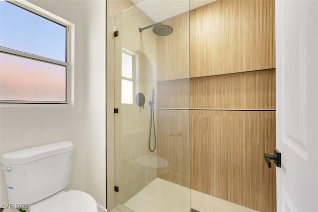 full bathroom with an enclosed shower, toilet, and a healthy amount of sunlight