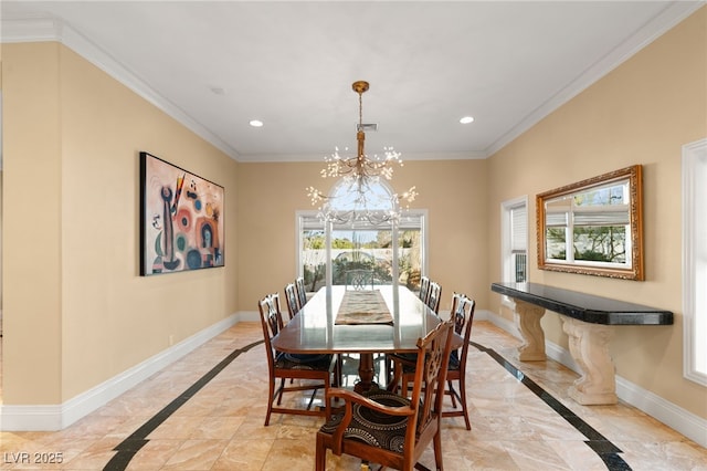 dining area featuring recessed lighting, crown molding, and baseboards