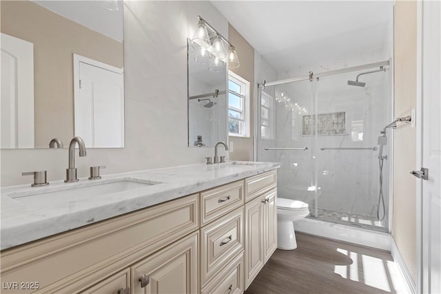 full bath featuring a marble finish shower, double vanity, toilet, and a sink