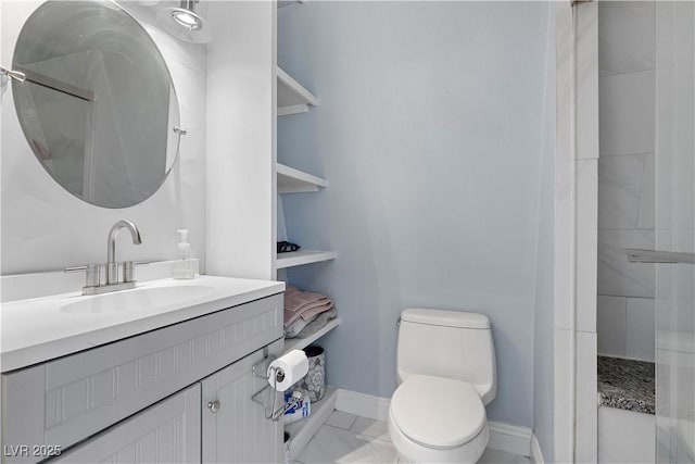 full bath featuring baseboards, tiled shower, toilet, and marble finish floor