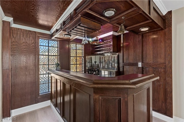 bar with baseboards, light wood-style floors, a dry bar, and ornamental molding