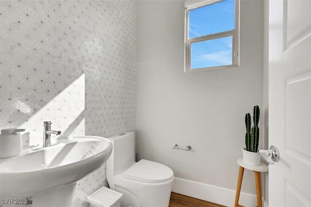 half bathroom featuring toilet, wood finished floors, baseboards, and a sink