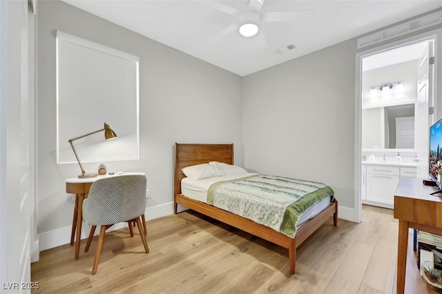 bedroom with visible vents, a ceiling fan, ensuite bathroom, light wood finished floors, and baseboards