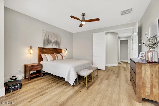 bedroom featuring visible vents, a ceiling fan, light wood-type flooring, and baseboards