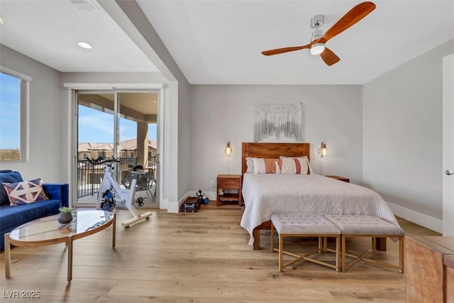 bedroom featuring ceiling fan, baseboards, light wood-style flooring, and access to outside