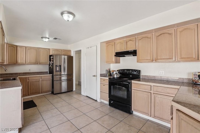 kitchen with black electric range, light brown cabinets, and stainless steel refrigerator with ice dispenser