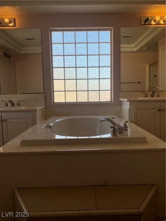 bathroom with a sink, two vanities, and a bath