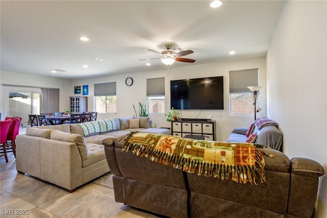 living room featuring plenty of natural light, recessed lighting, and ceiling fan