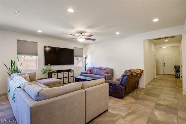 living room featuring visible vents, recessed lighting, and ceiling fan