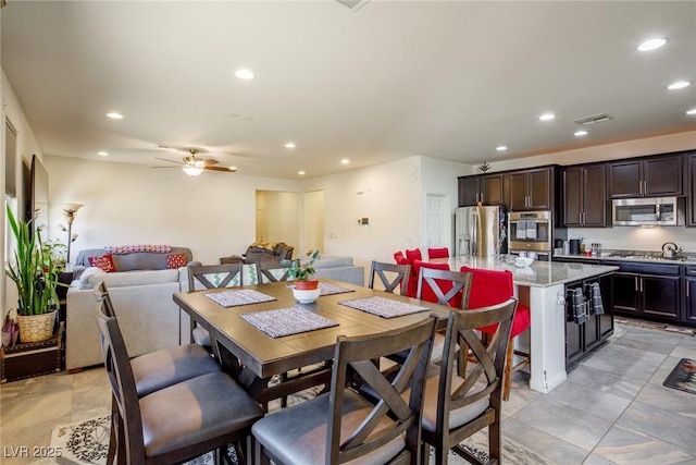 dining space featuring visible vents, recessed lighting, and ceiling fan