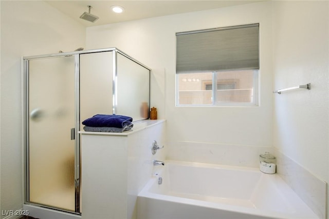 full bath featuring a shower stall, a garden tub, recessed lighting, and visible vents