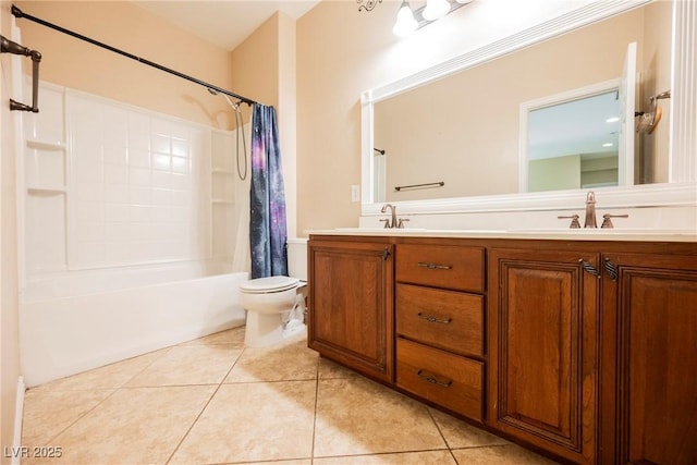 bathroom with shower / bathtub combination with curtain, double vanity, a sink, tile patterned floors, and toilet