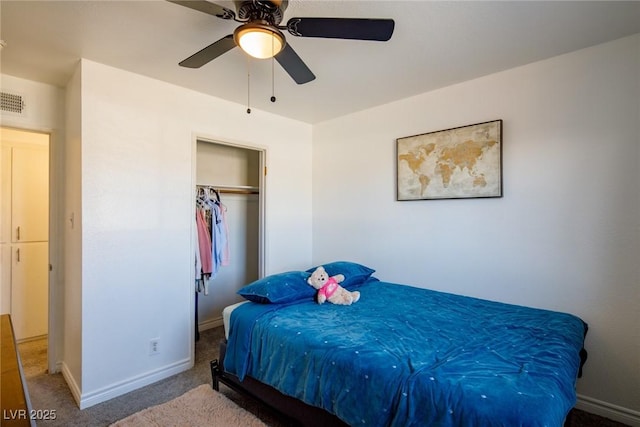 bedroom with carpet, baseboards, a closet, and ceiling fan