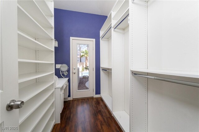 walk in closet featuring dark wood finished floors