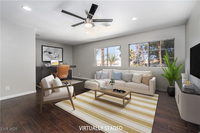 living area featuring wood finished floors, a ceiling fan, baseboards, visible vents, and recessed lighting