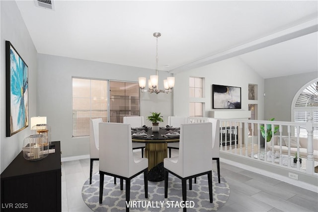 dining space featuring lofted ceiling with beams, visible vents, baseboards, and a chandelier