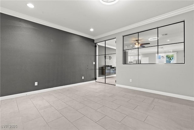 spare room featuring recessed lighting, a ceiling fan, baseboards, and ornamental molding