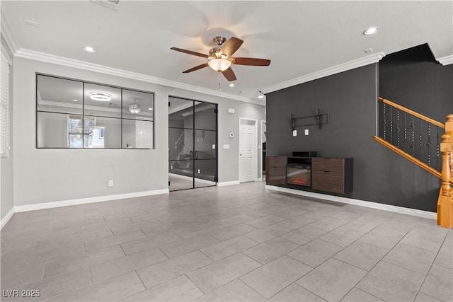 unfurnished living room with baseboards, recessed lighting, ceiling fan, crown molding, and tile patterned floors