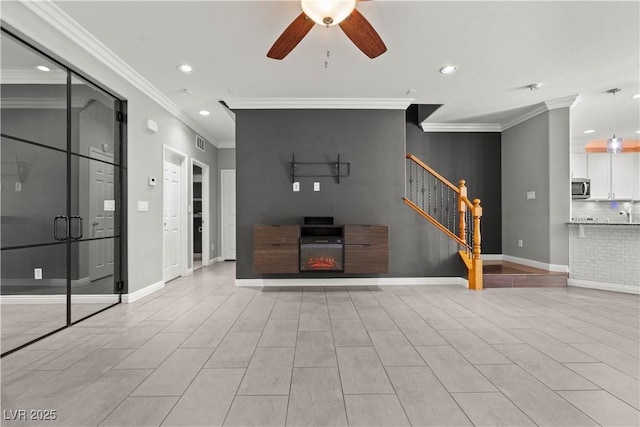 unfurnished living room featuring stairway, recessed lighting, baseboards, and ornamental molding