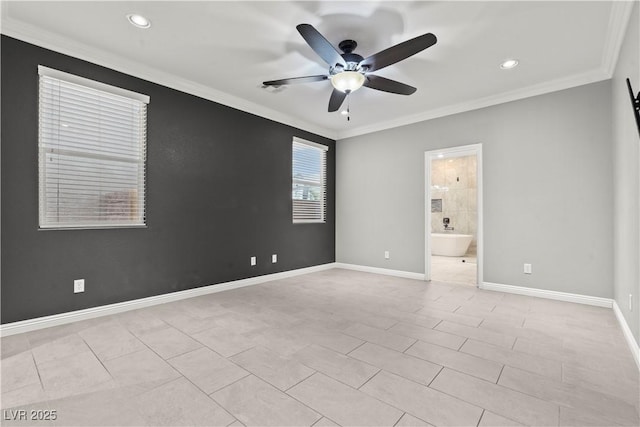 unfurnished room featuring ceiling fan, baseboards, ornamental molding, light tile patterned floors, and recessed lighting