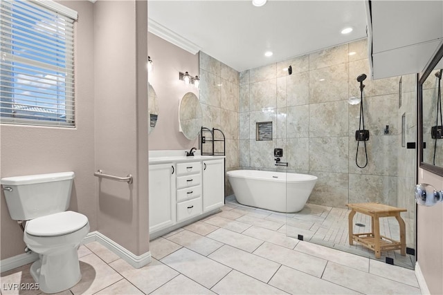 full bathroom with vanity, a freestanding tub, a tile shower, tile patterned flooring, and toilet