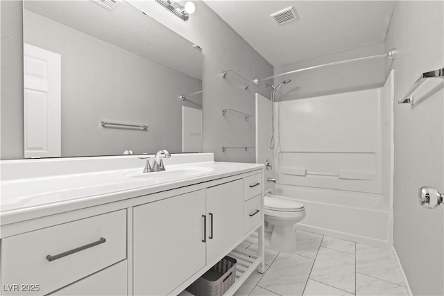 bathroom with visible vents, washtub / shower combination, toilet, marble finish floor, and vanity