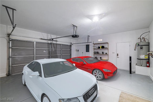 garage featuring electric panel, secured water heater, and a garage door opener