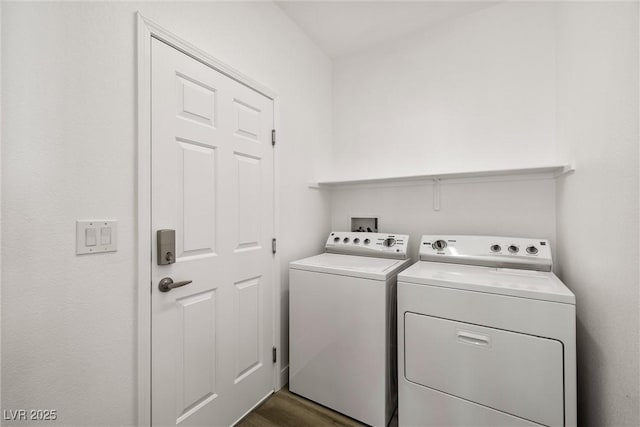 clothes washing area featuring dark wood-type flooring, laundry area, and washer and clothes dryer