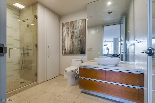 full bath featuring tile patterned floors, a shower stall, toilet, and vanity