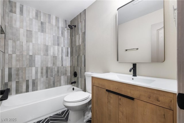 full bath with shower / bathing tub combination, toilet, and vanity