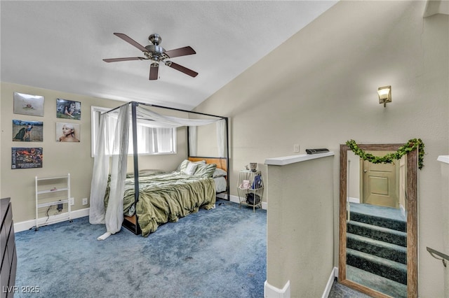 bedroom with carpet flooring, baseboards, and ceiling fan