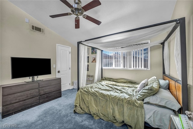 bedroom with visible vents, ceiling fan, lofted ceiling, and carpet floors