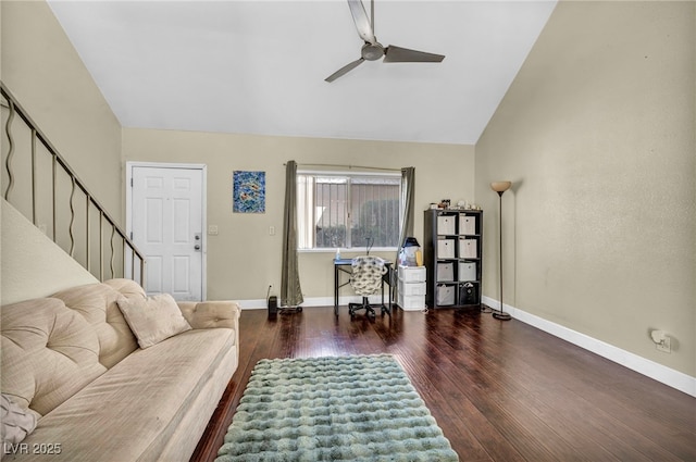 living area with stairs, wood finished floors, baseboards, and ceiling fan