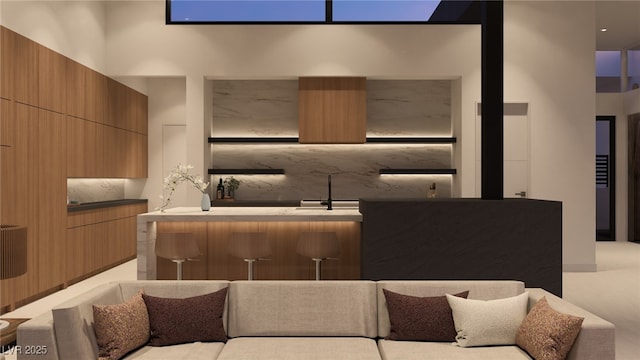 kitchen with decorative backsplash and modern cabinets