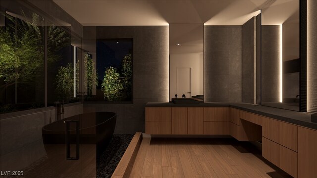 interior space featuring a soaking tub, vanity, and wood finished floors