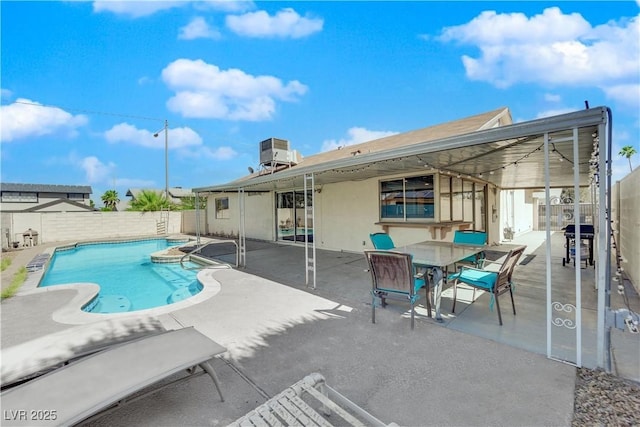 view of pool with a patio, central AC unit, a fenced backyard, and a fenced in pool