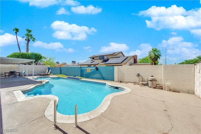 view of swimming pool with a fenced backyard, a fenced in pool, and a patio