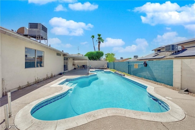 view of swimming pool featuring central air condition unit, a fenced in pool, a fenced backyard, and a patio area