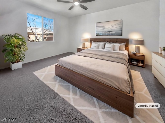 bedroom with carpet flooring, a ceiling fan, and baseboards