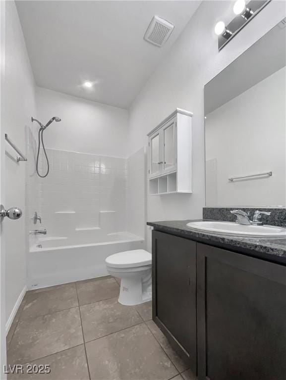 bathroom with vanity, visible vents, tile patterned flooring, shower / tub combination, and toilet