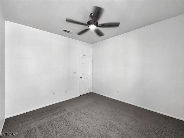 empty room featuring visible vents, dark carpet, baseboards, and a ceiling fan