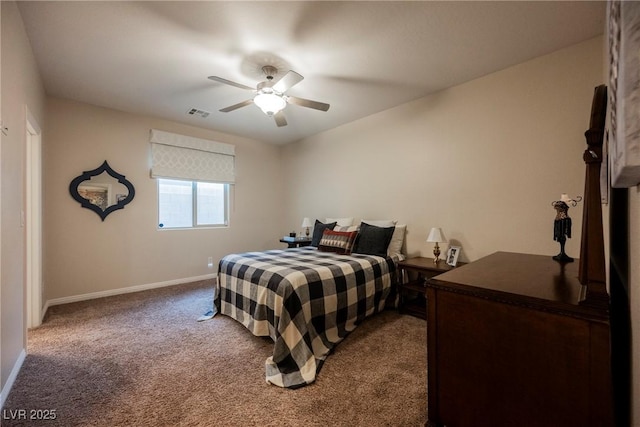 bedroom featuring visible vents, dark carpet, a ceiling fan, and baseboards