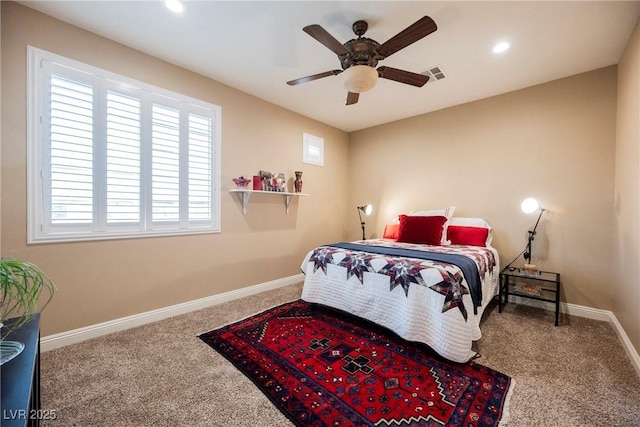 bedroom featuring visible vents, recessed lighting, carpet, and baseboards