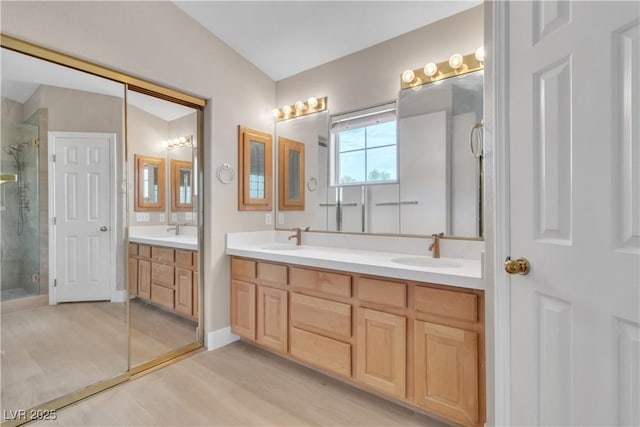 bathroom with a sink, a stall shower, and double vanity