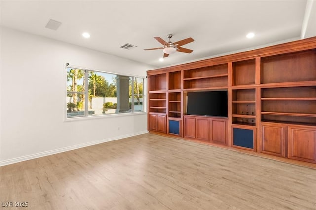 unfurnished living room with recessed lighting, visible vents, light wood-style flooring, and a ceiling fan