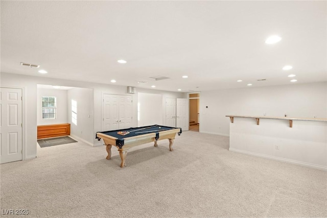 playroom with recessed lighting, visible vents, and light colored carpet