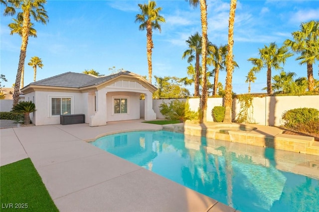 view of swimming pool with a fenced in pool, a patio, and a fenced backyard