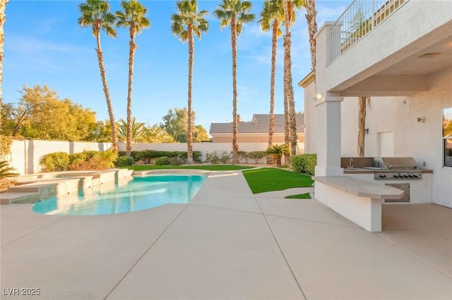 view of swimming pool featuring a fenced in pool, area for grilling, a fenced backyard, a patio area, and a grill